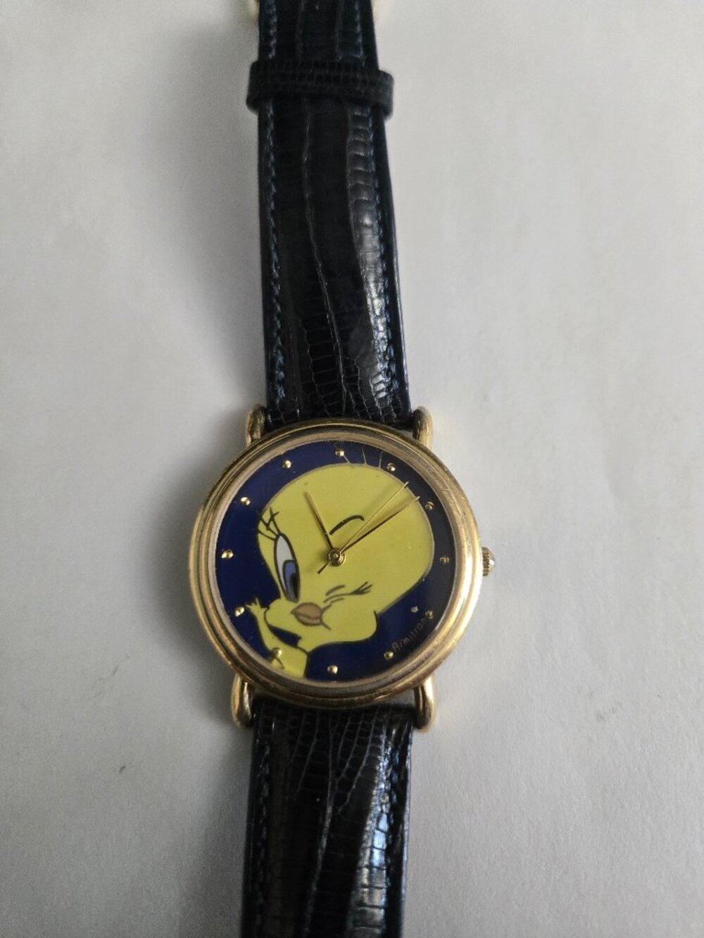 Limited Edition 1994 Warner Bros. 33.5mm Gold with black strap Tweety Bird watch